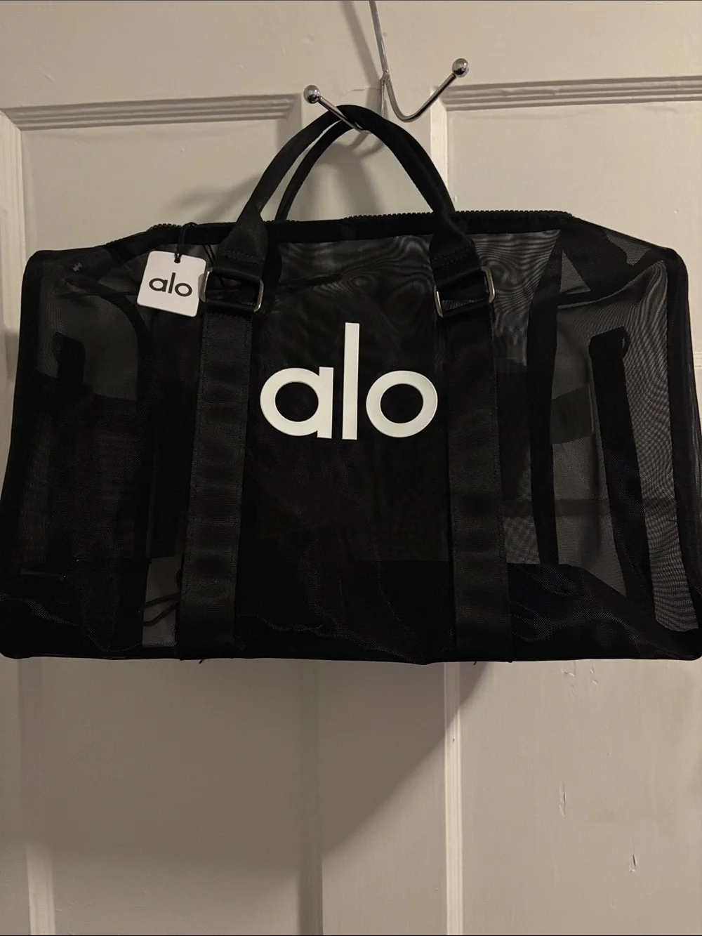 ALO Yoga Black Mesh Duffel with White Logo